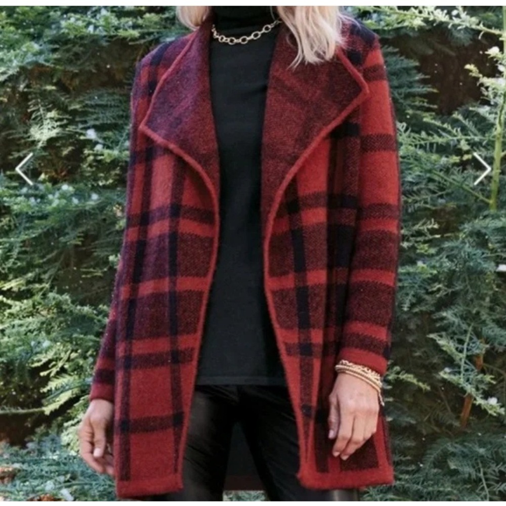Soft Surroundings Cozy Cottage Cardigan Womens M Plaid Wool Alpaca Longline